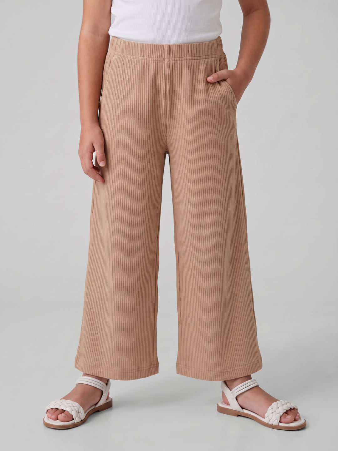Beige Rayon Poly Stretch Rib Palazzo