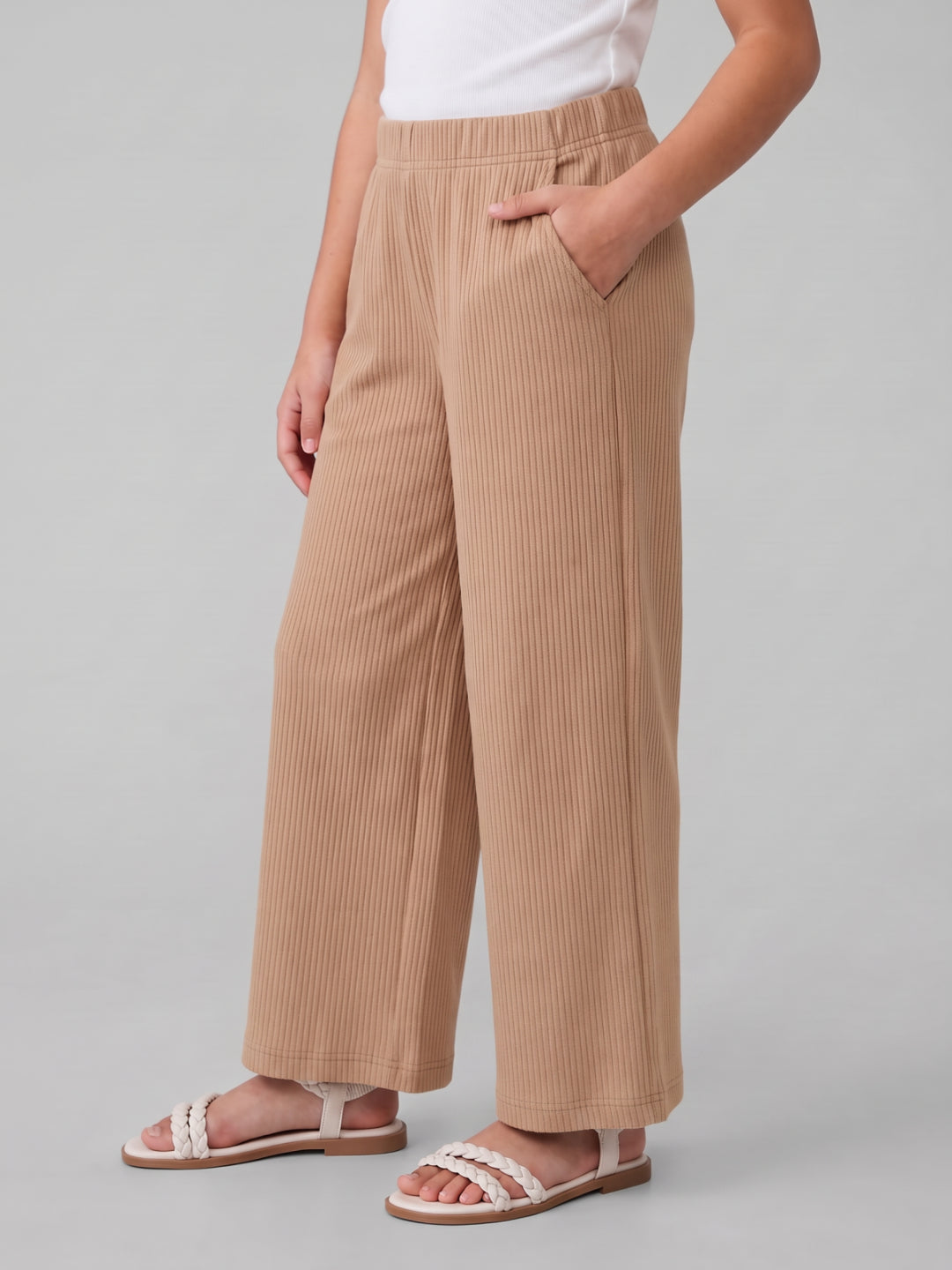 Beige Rayon Poly Stretch Rib Palazzo