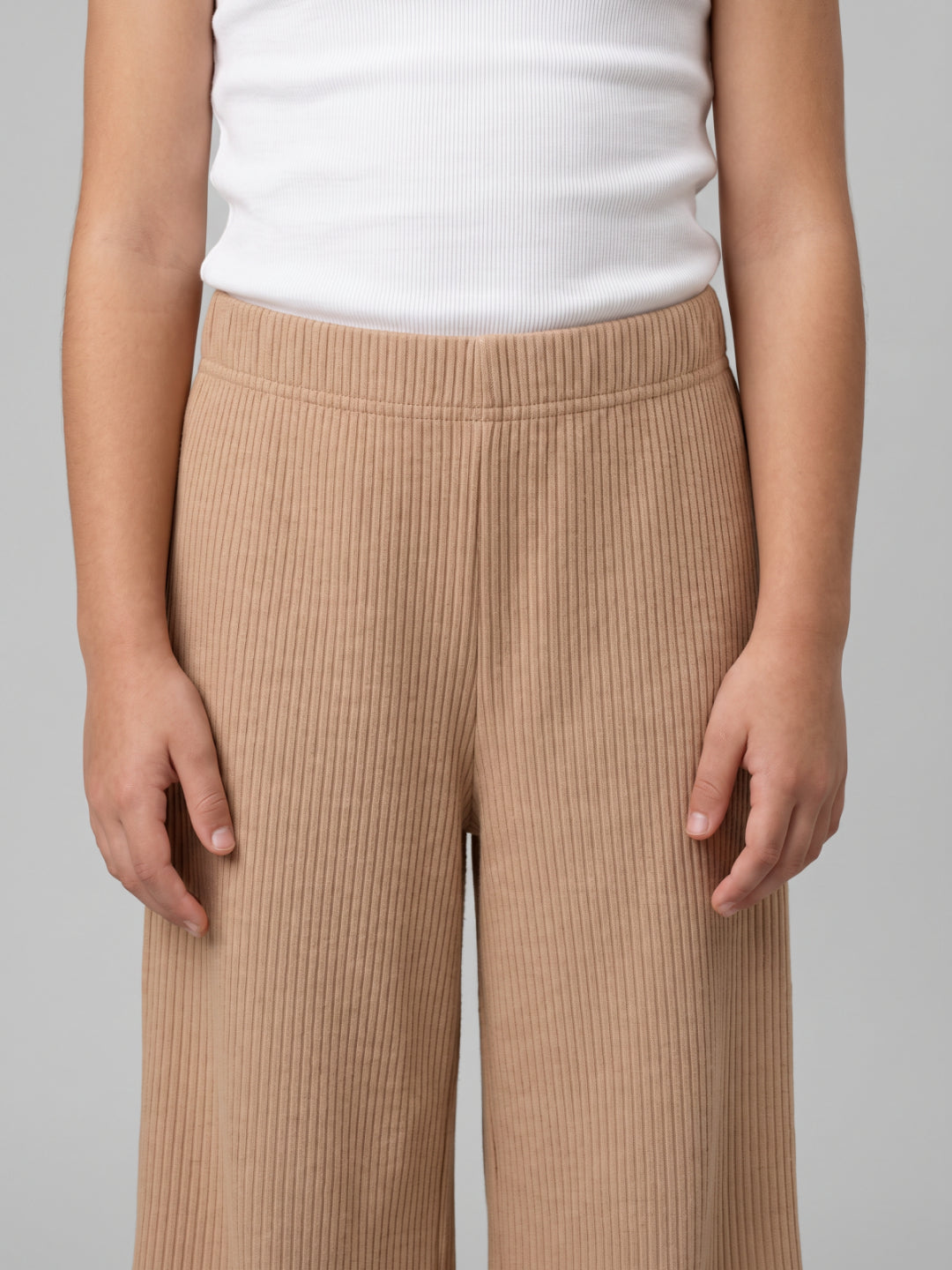 Beige Rayon Poly Stretch Rib Palazzo