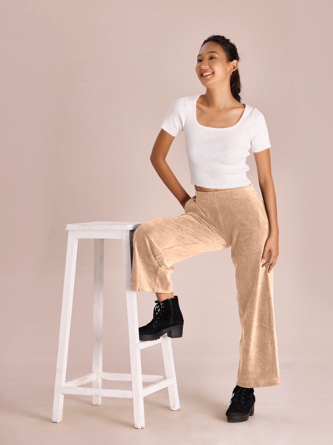 Beige Corduroy Wide Pants