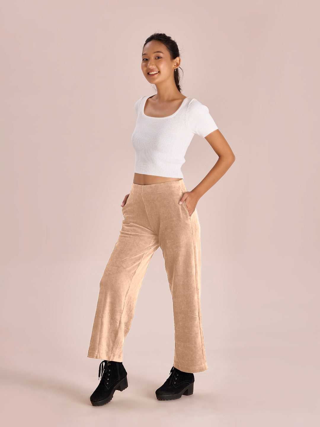 Beige Corduroy Wide Pants