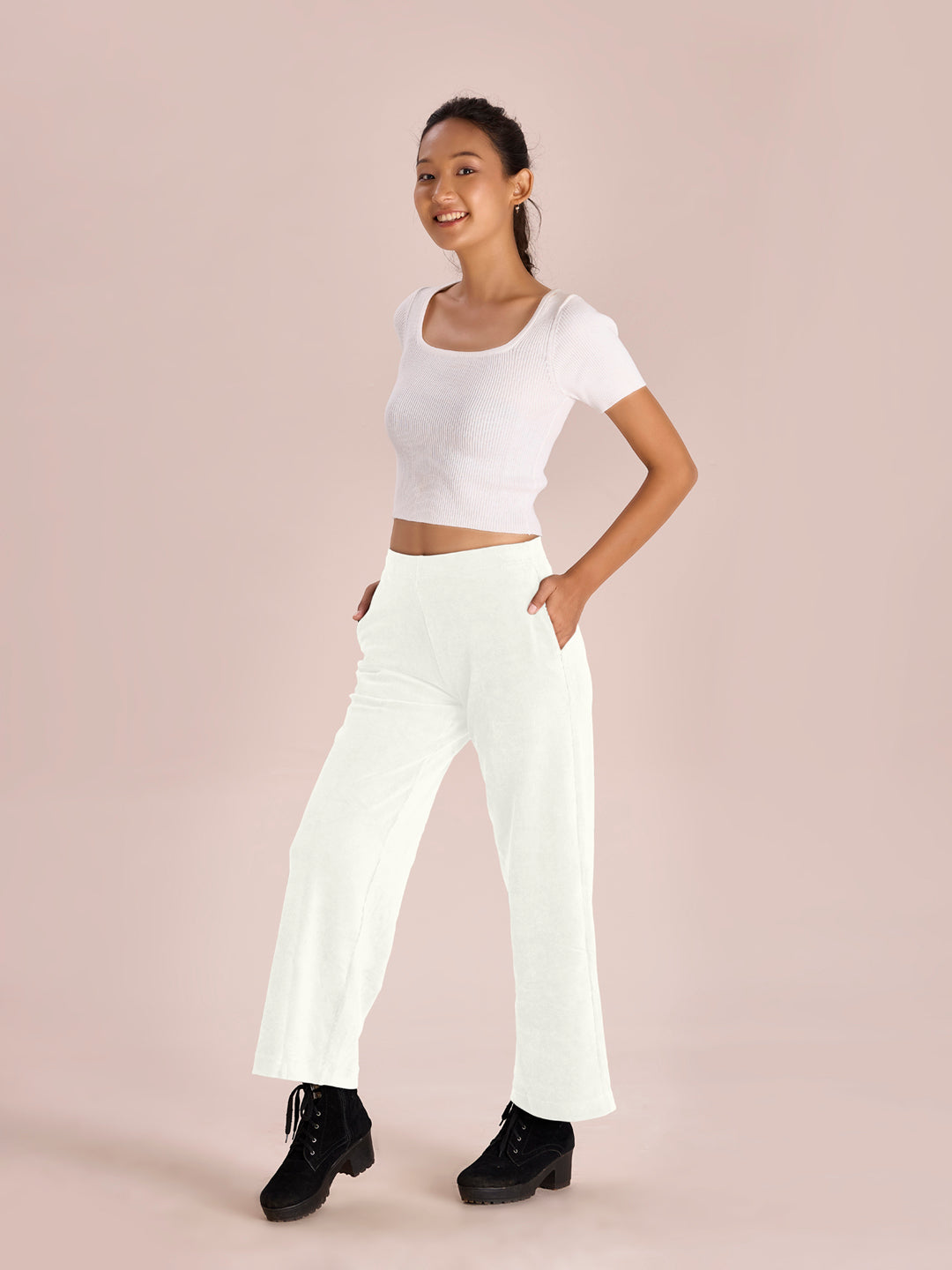 Cream Corduroy Wide Pants – Go Colors India - Main Image