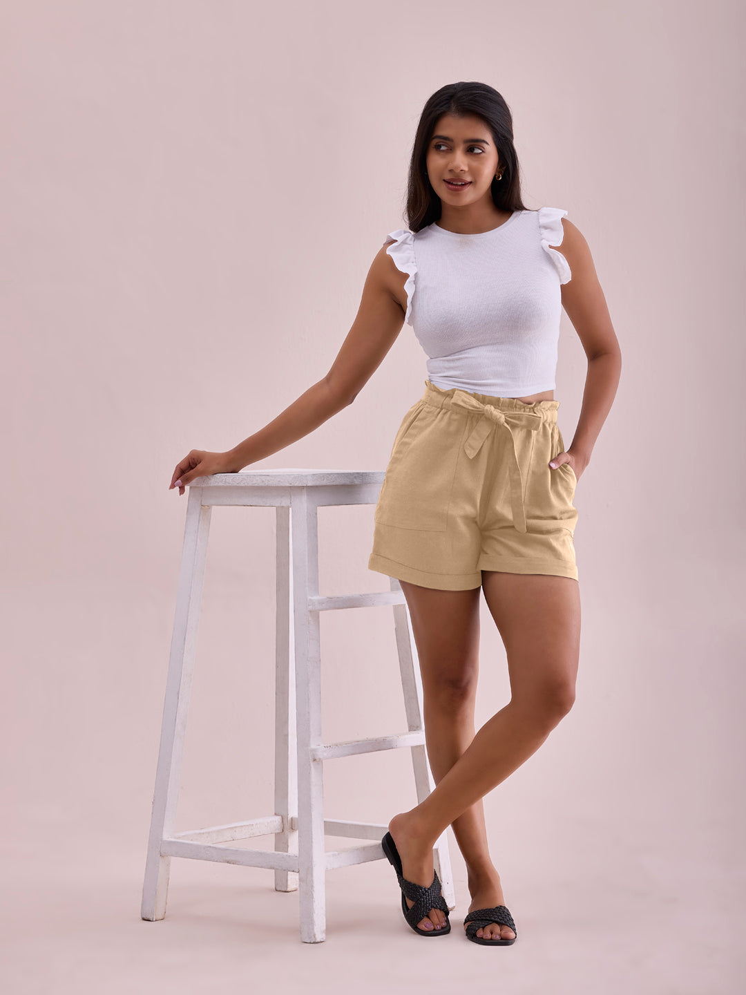 Khaki Linen Viscose Blend Shorts