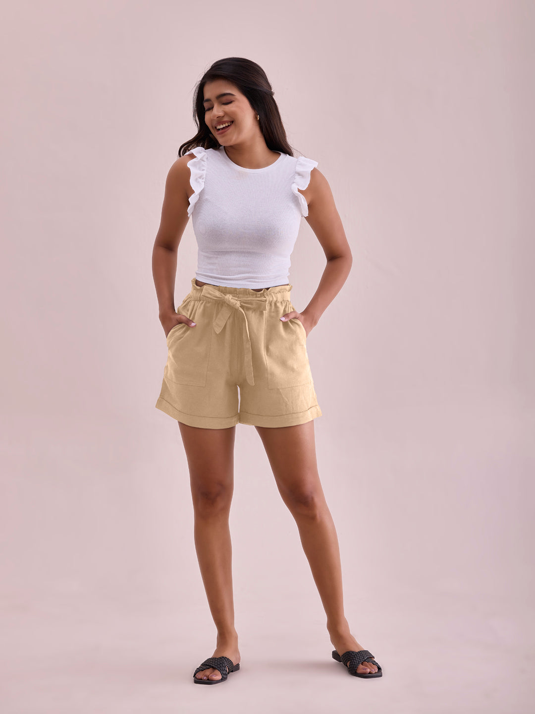 Khaki Linen Viscose Blend Shorts