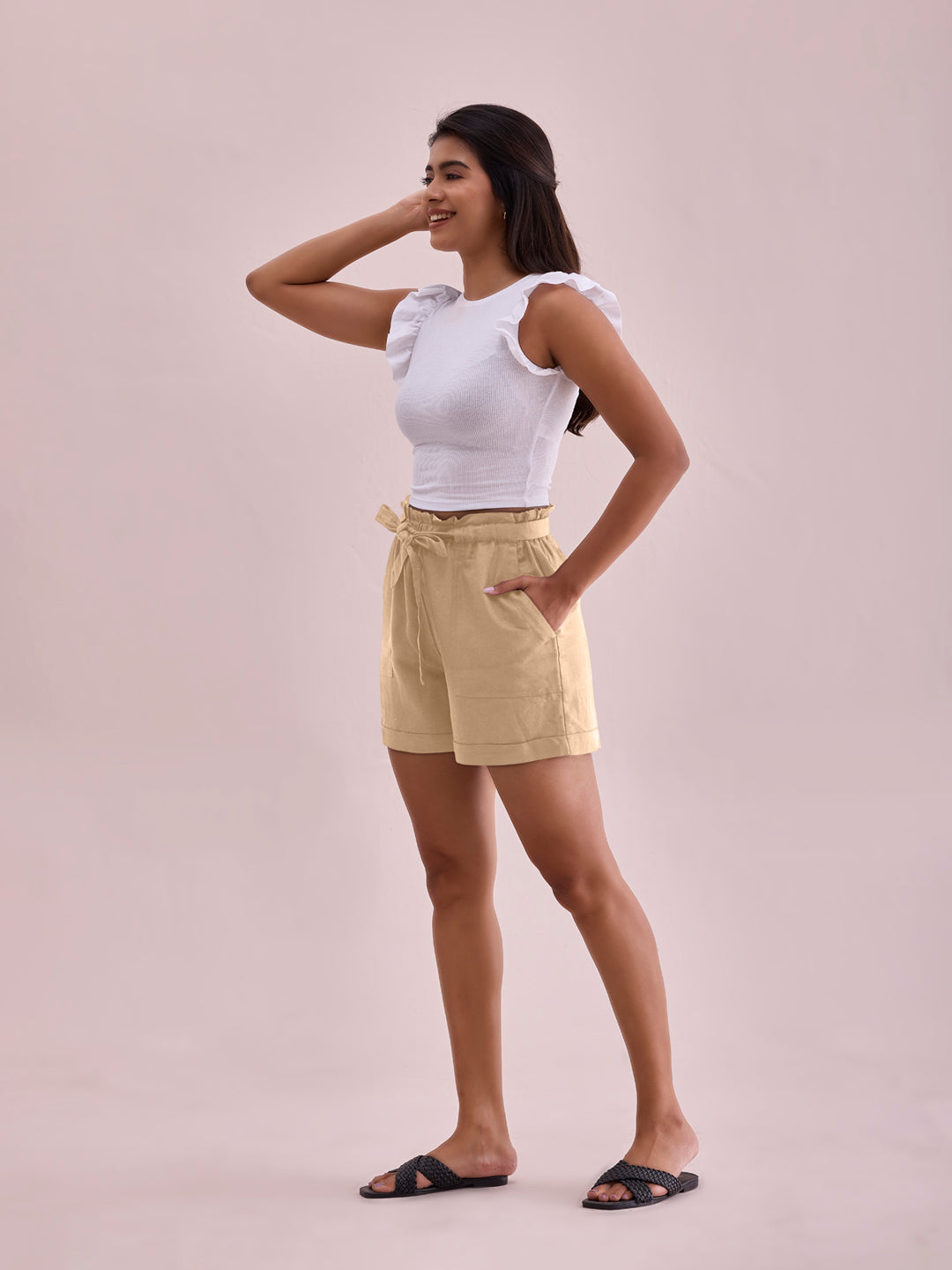 Khaki Linen Viscose Blend Shorts