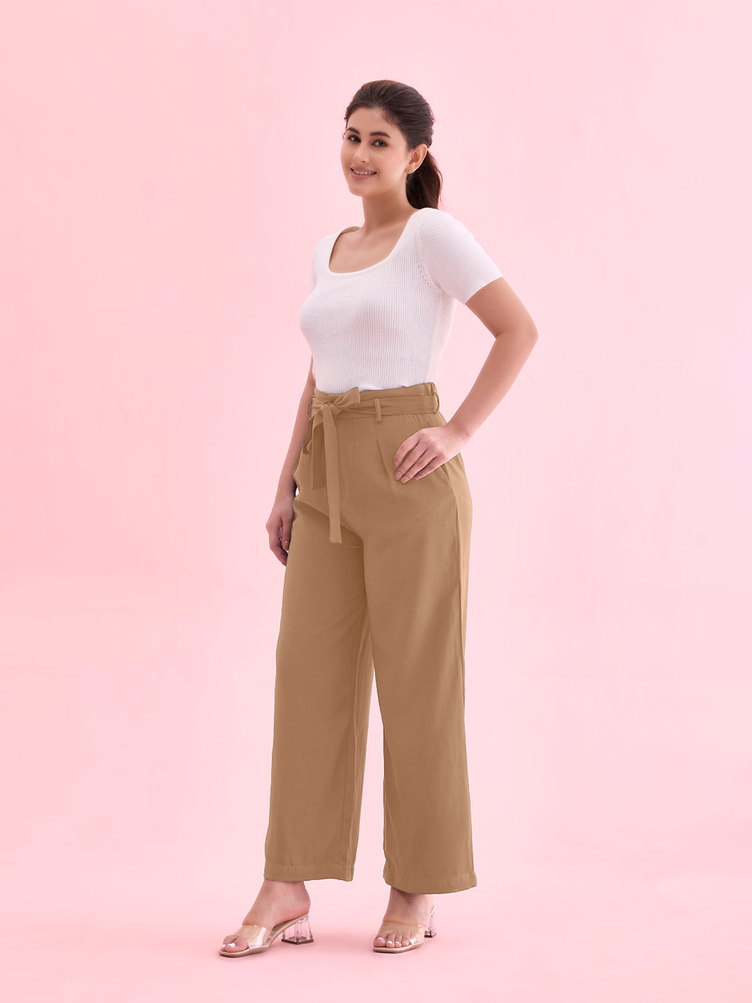 Beige Viscose Poly Stretch Smart Fit Pant