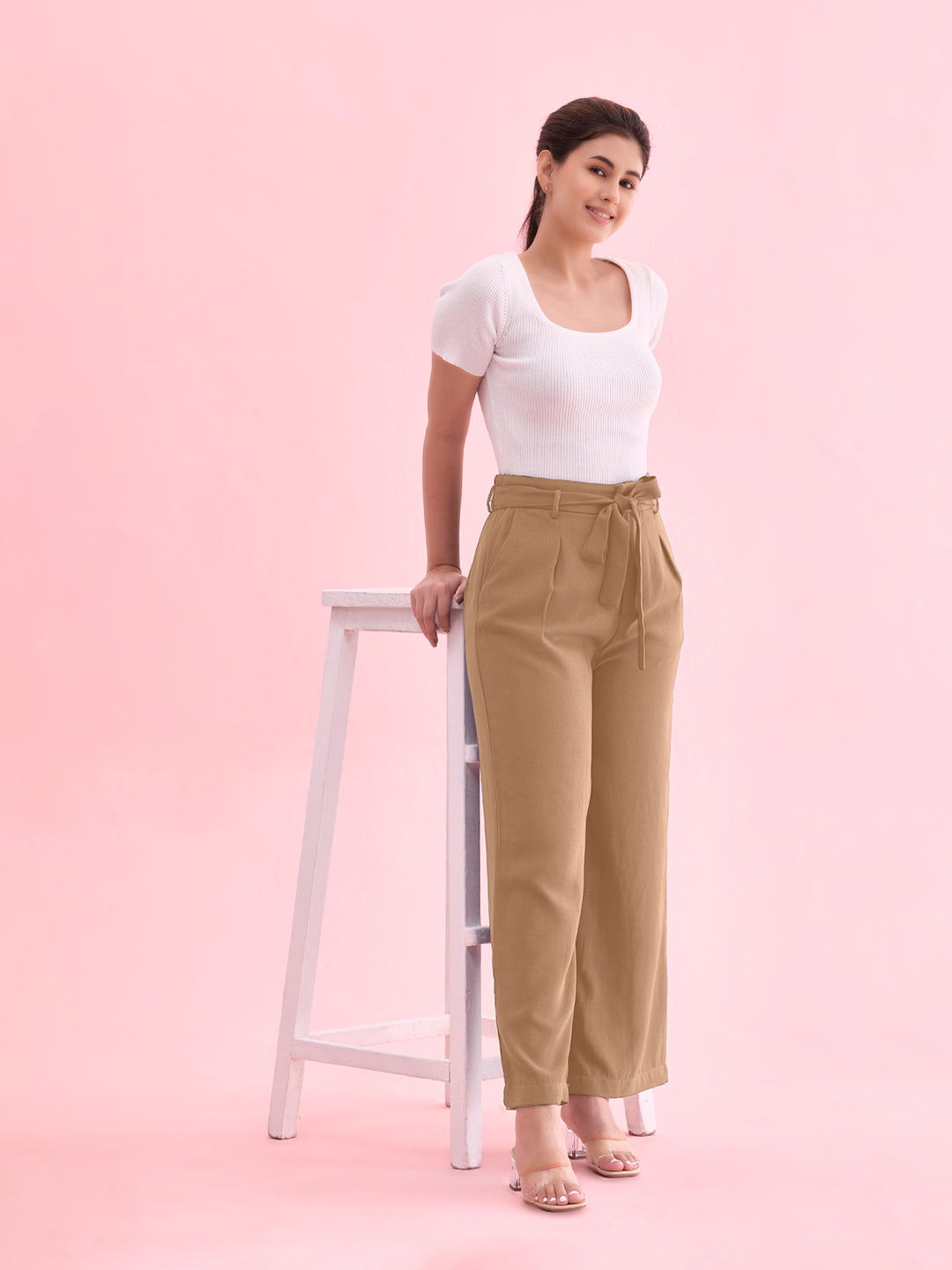 Beige Viscose Poly Stretch Smart Fit Pant