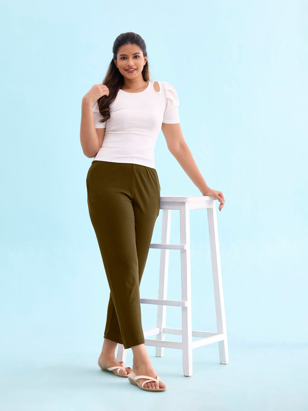 Olive Green Drop Needle Fabric Casual Rib Pant