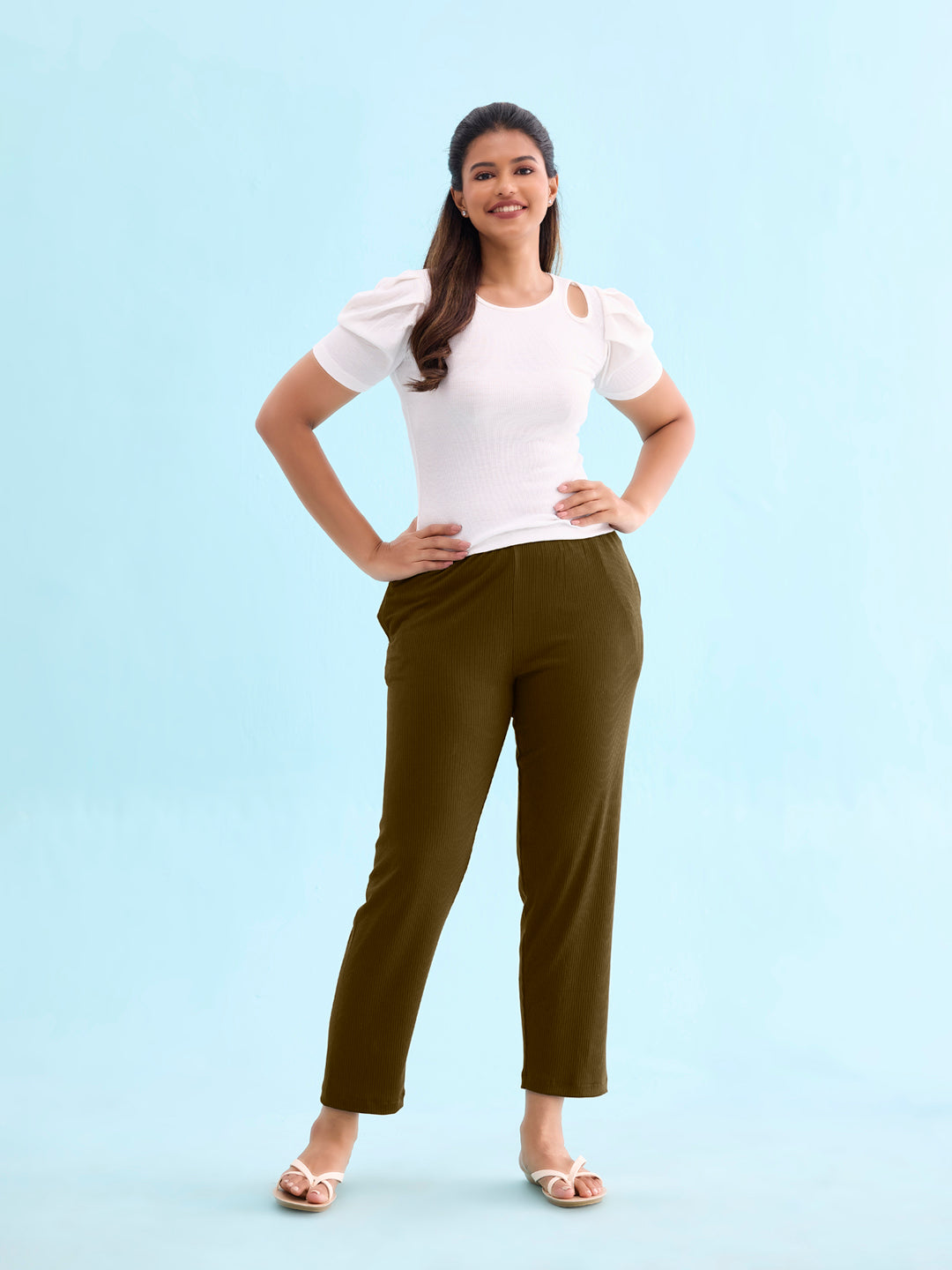 Olive Green Drop Needle Fabric Casual Rib Pant