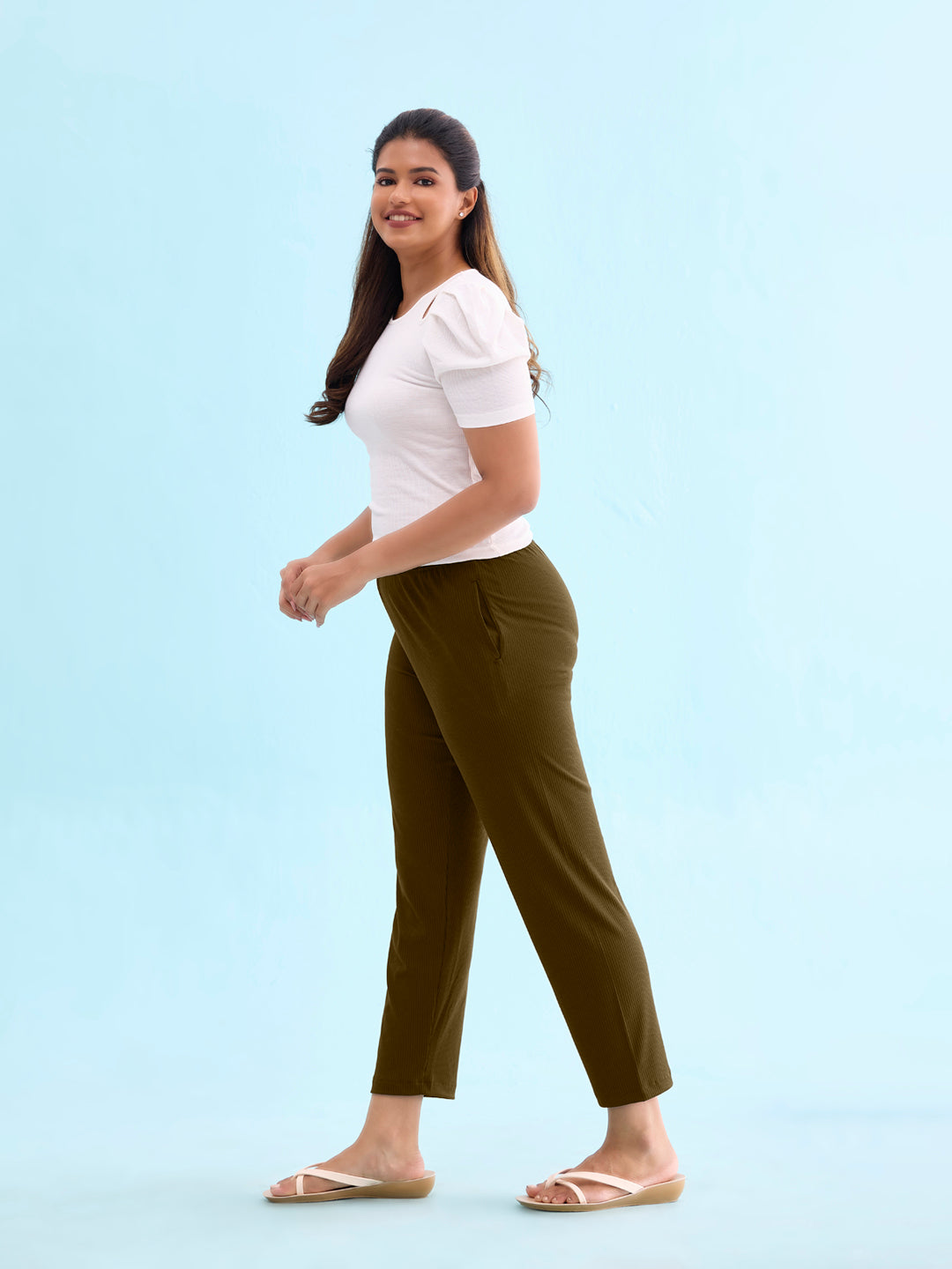 Olive Green Drop Needle Fabric Casual Rib Pant