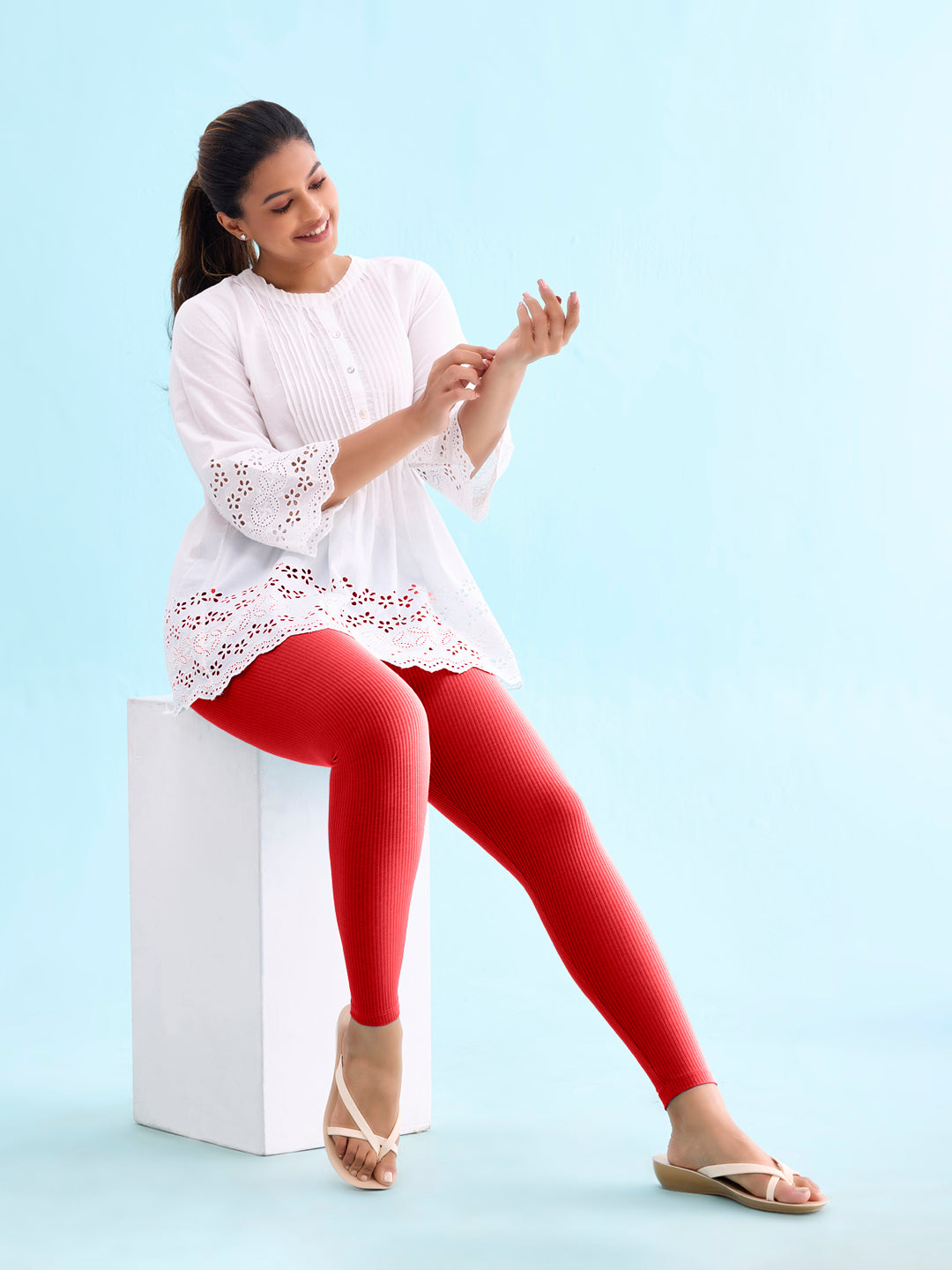 Bright Red Drop Needle Fabric Rib Leggings