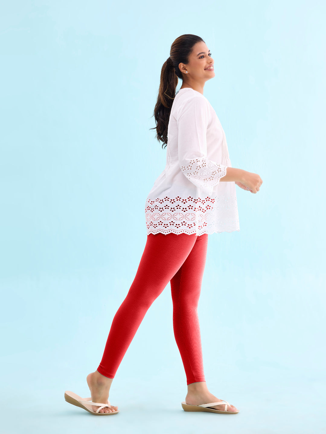 Bright Red Drop Needle Fabric Rib Leggings