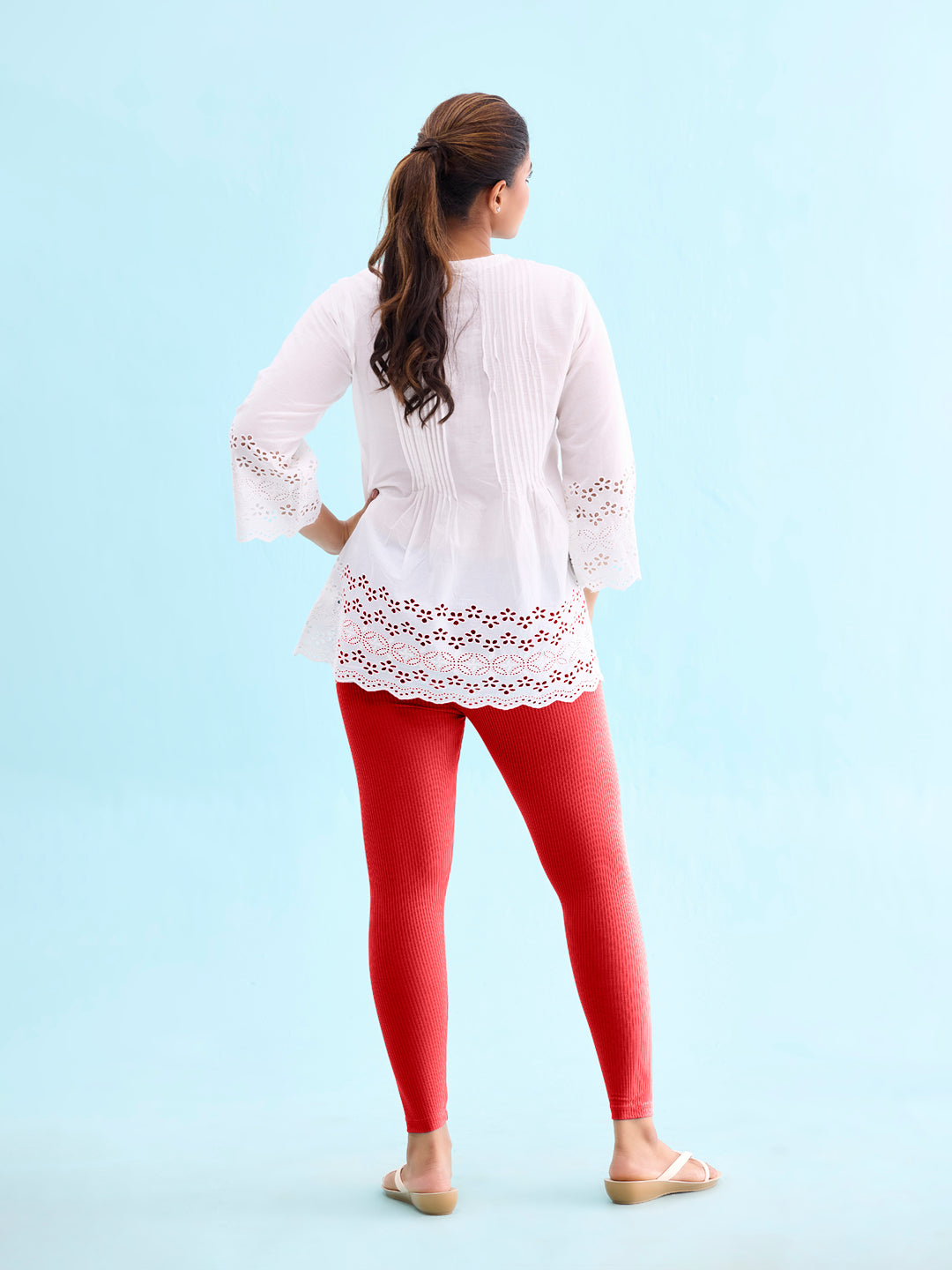 Bright Red Drop Needle Fabric Rib Leggings