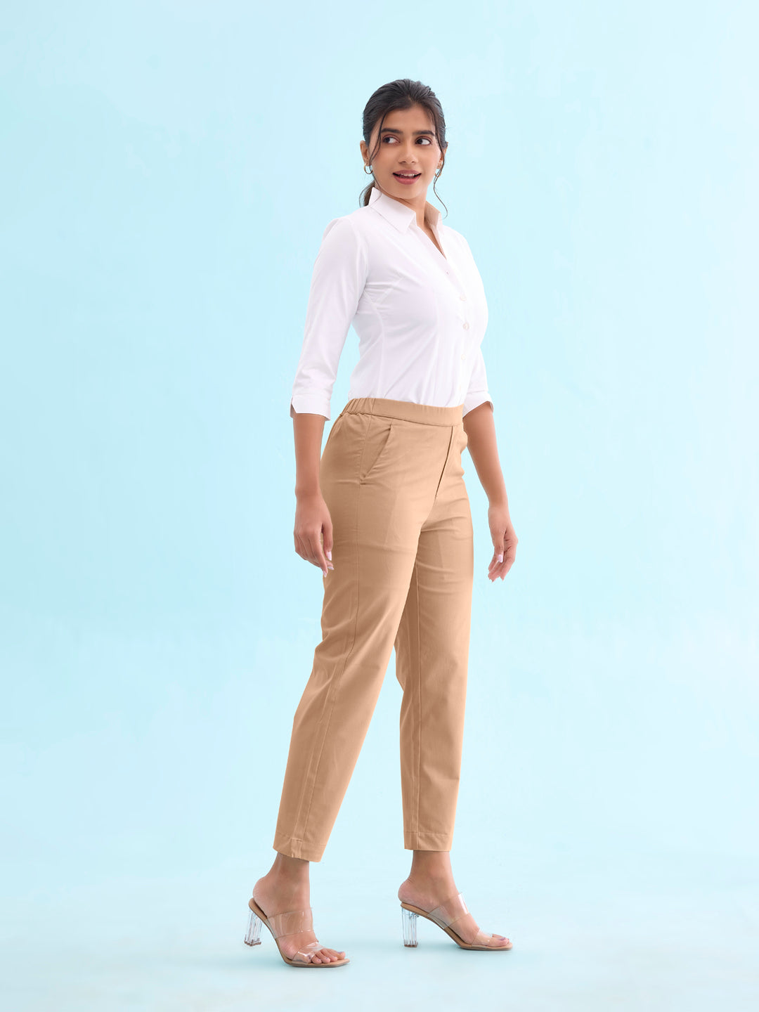 Beige Woven Cotton Stretch Chino Pants