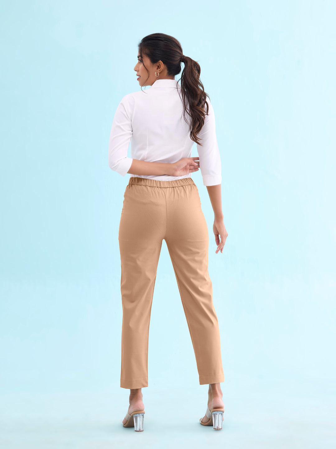 Beige Woven Cotton Stretch Chino Pants