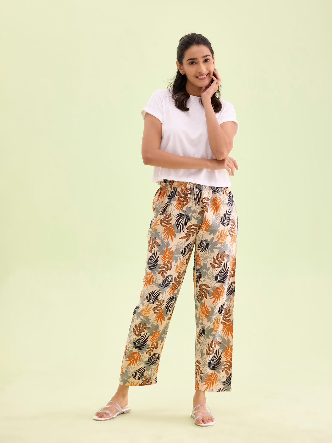 Beige Woven Viscose Printed Lounge Pants