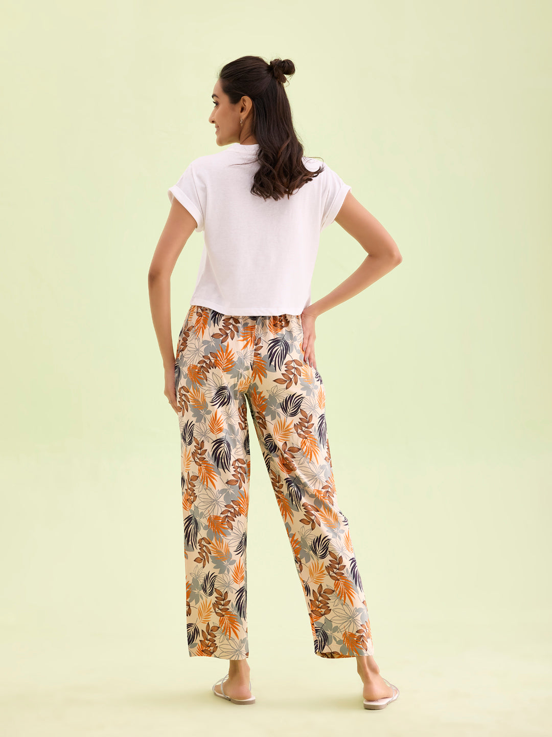 Beige Woven Viscose Printed Lounge Pants