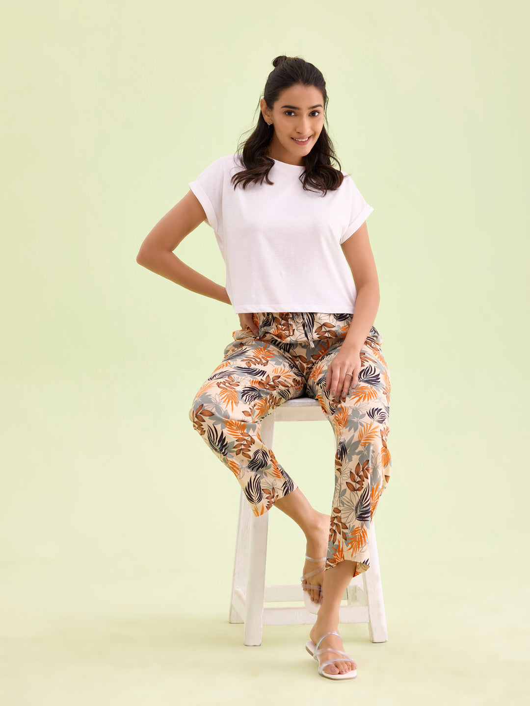 Beige Woven Viscose Printed Lounge Pants