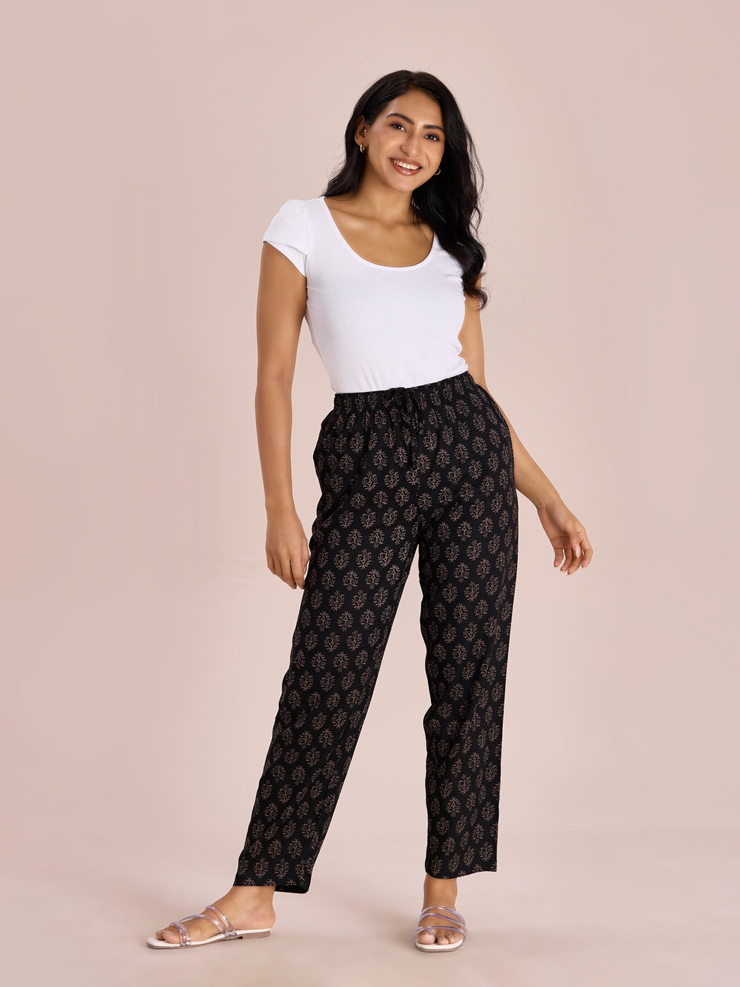 Black Woven Viscose Printed Lounge Pants