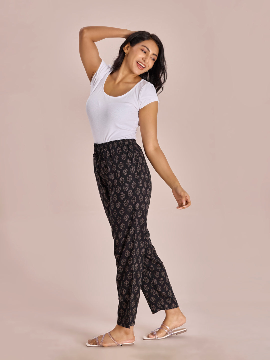 Black Woven Viscose Printed Lounge Pants