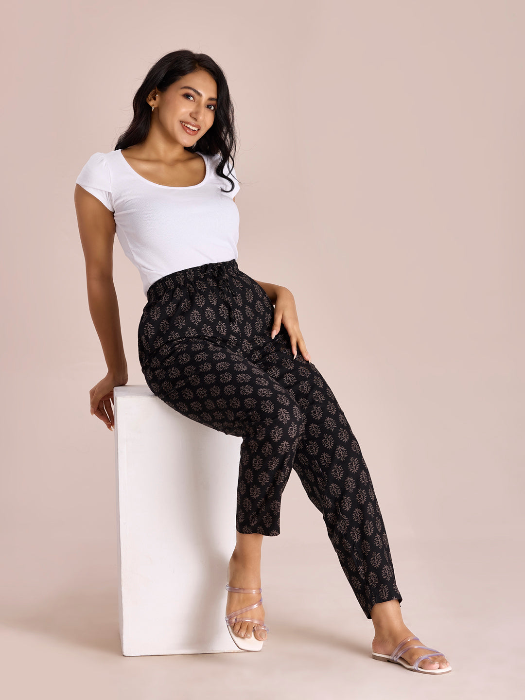 Black Woven Viscose Printed Lounge Pants