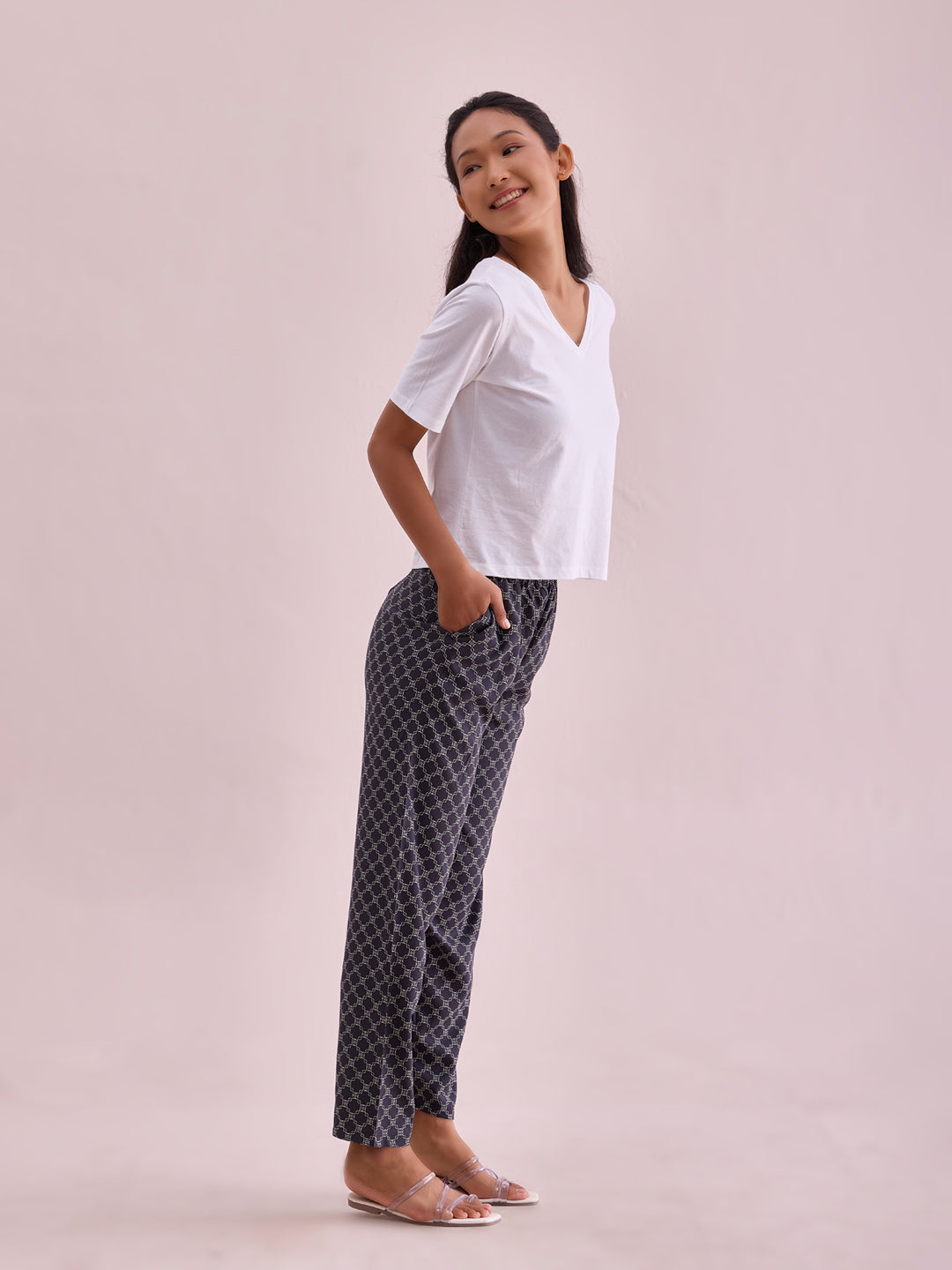 Black Woven Viscose Printed Lounge Pants