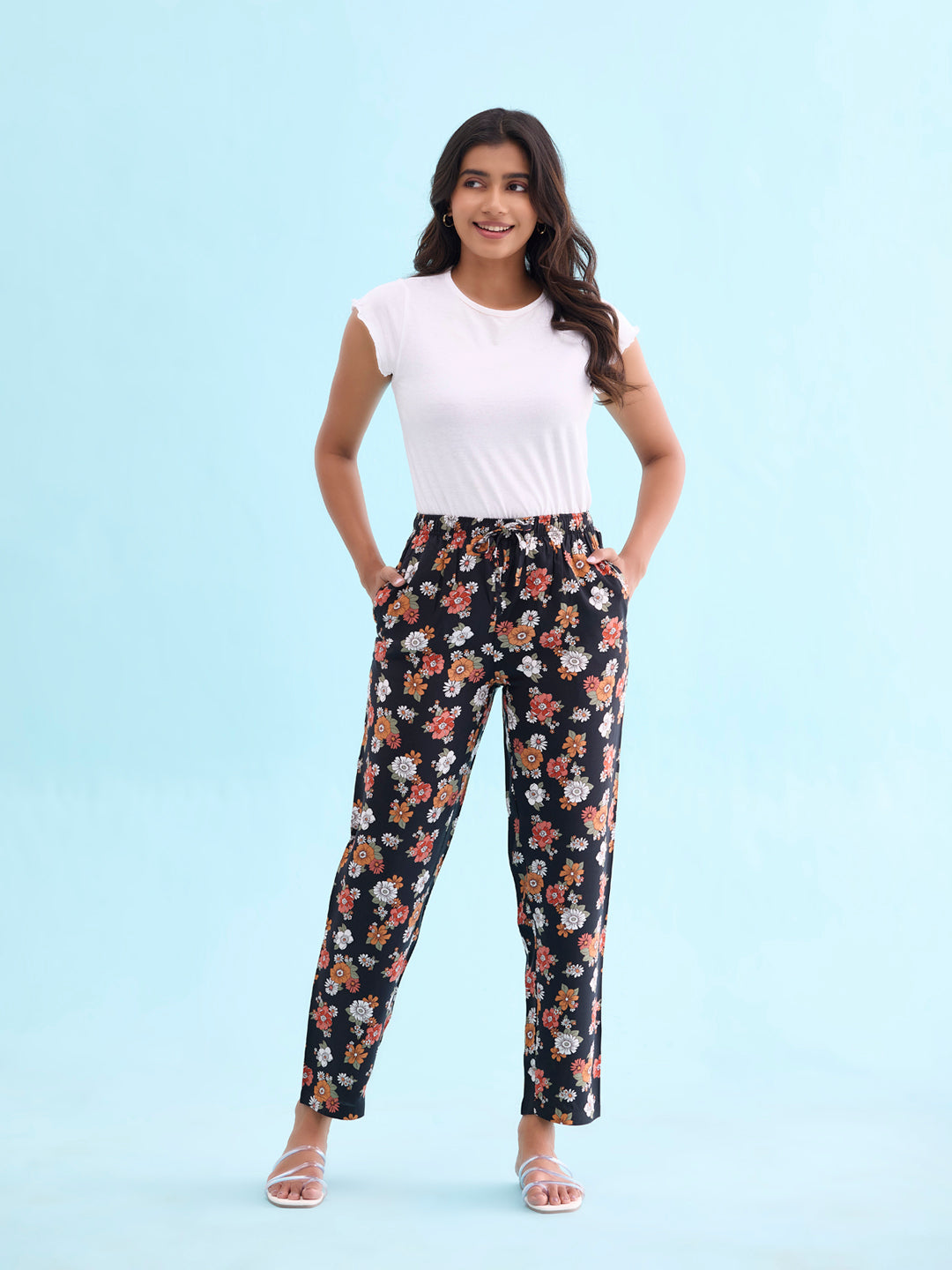 Black Woven Viscose Printed Lounge Pants