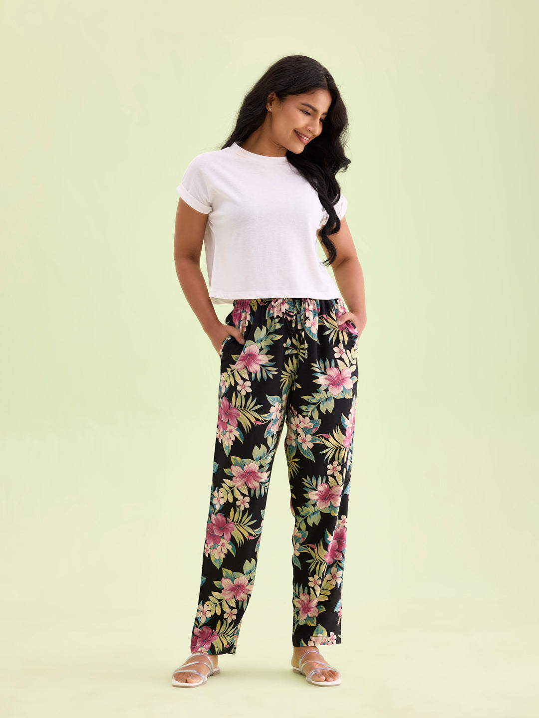 Black Woven Viscose Printed Lounge Pants