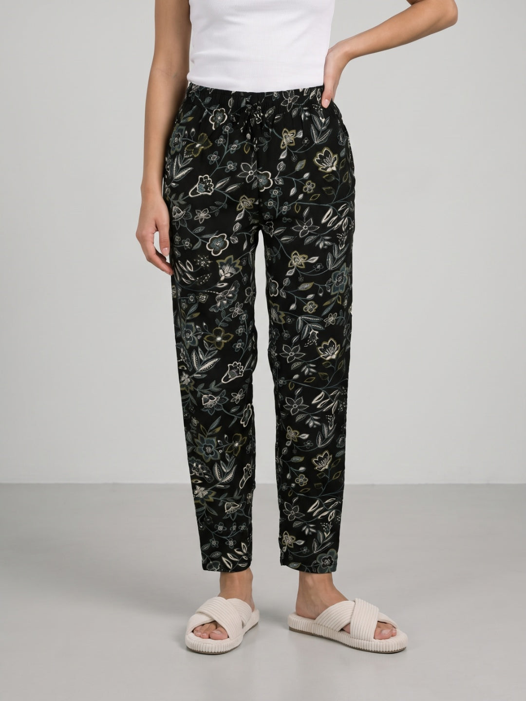 Black Woven Viscose Printed Lounge Pants
