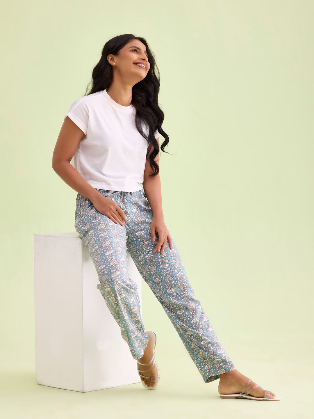 Blue Woven Viscose Printed Lounge Pants