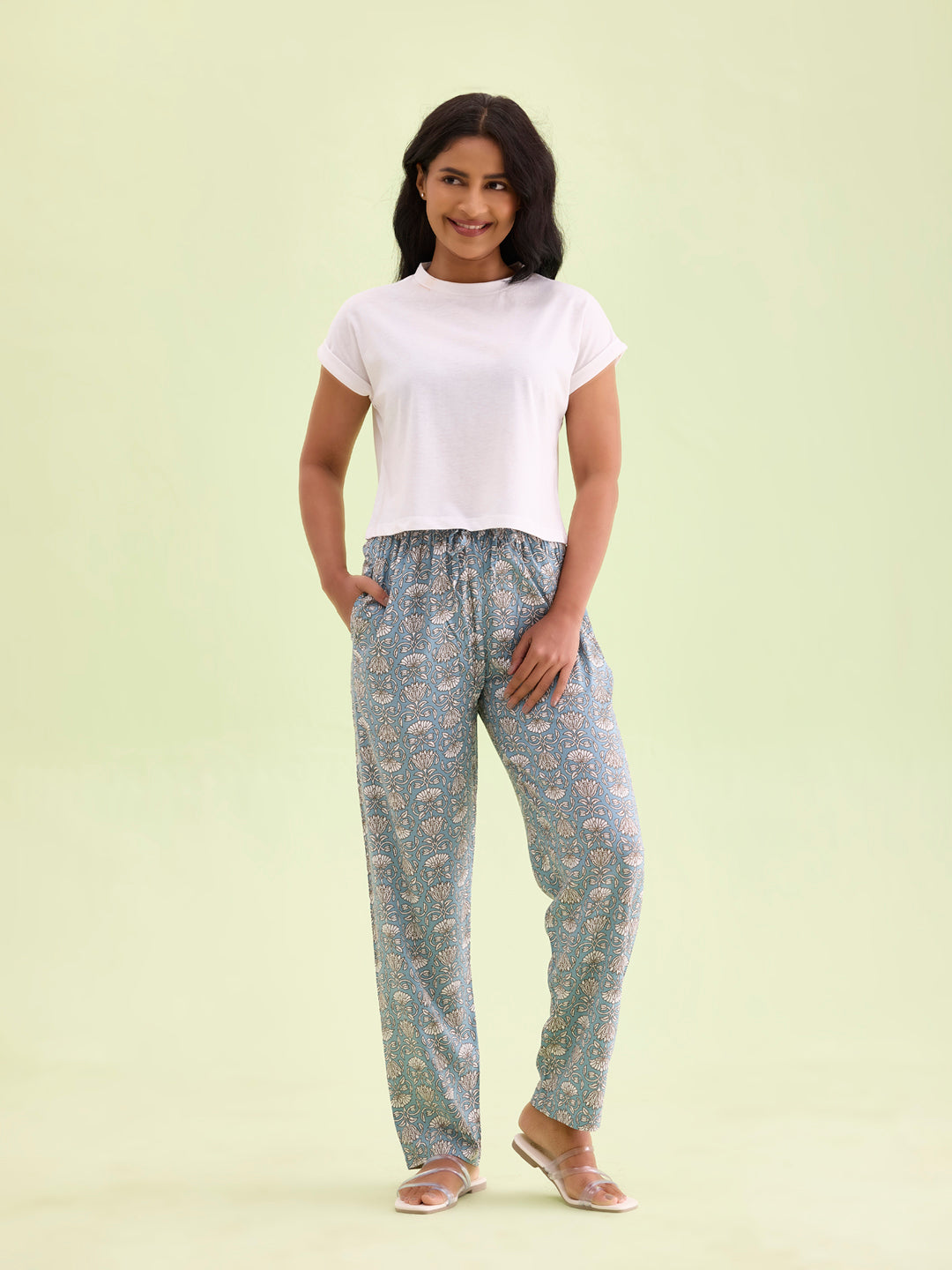 Blue Woven Viscose Printed Lounge Pants