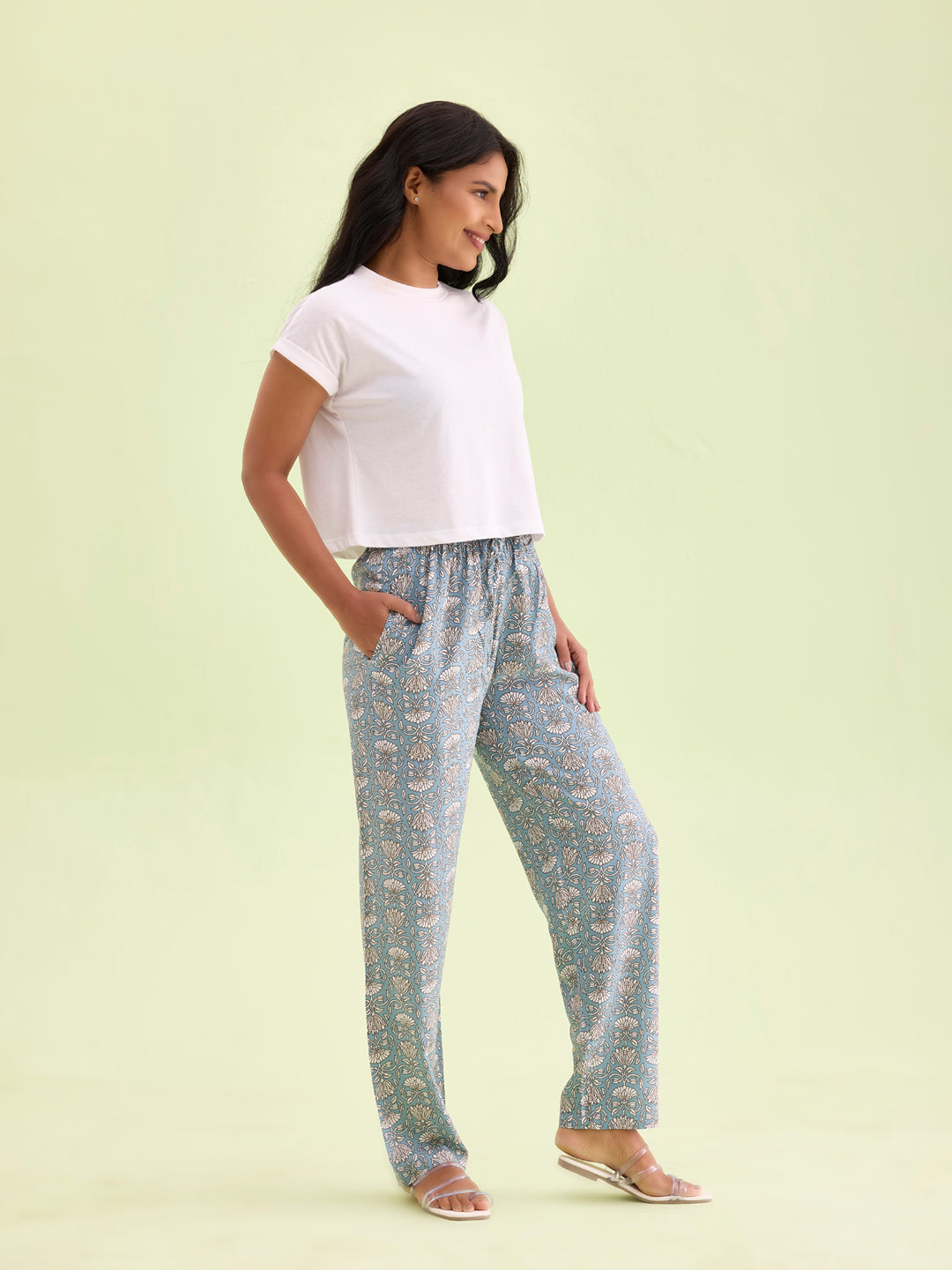 Blue Woven Viscose Printed Lounge Pants