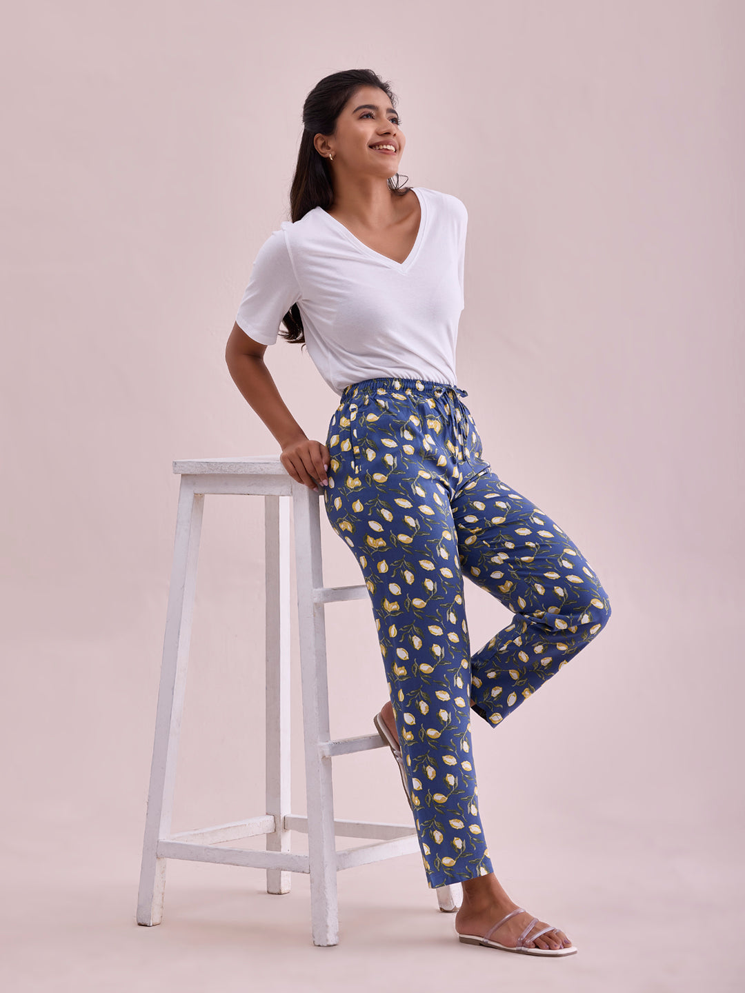 Blue Woven Viscose Printed Lounge Pants