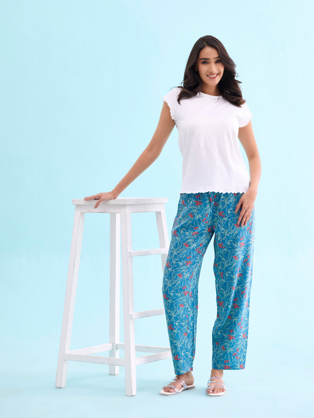 Blue Woven Viscose Printed Lounge Pants