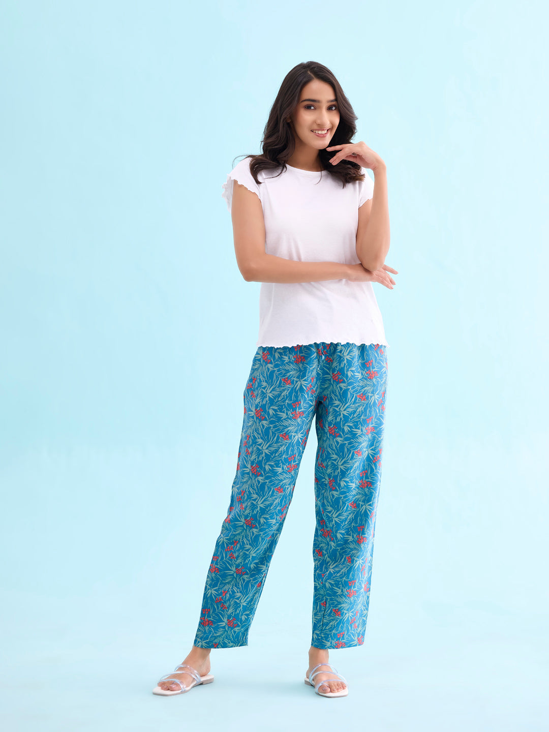 Blue Woven Viscose Printed Lounge Pants