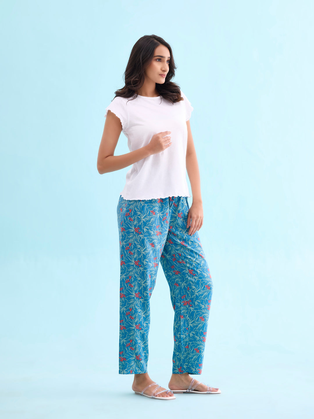 Blue Woven Viscose Printed Lounge Pants