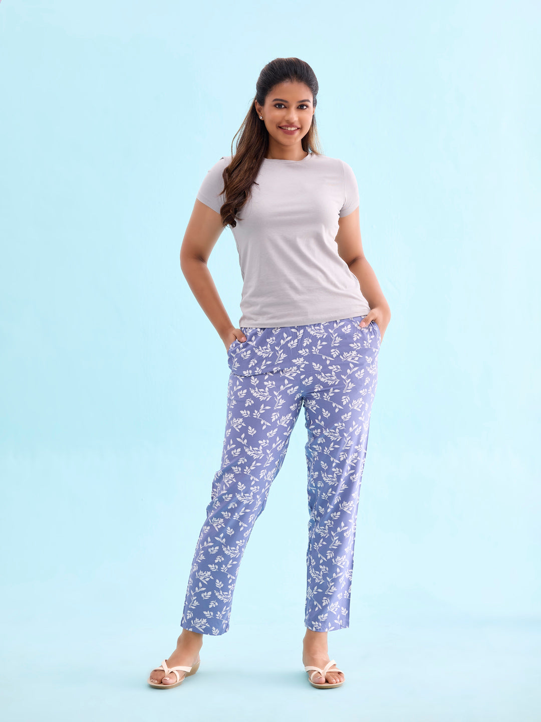 Blue Woven Viscose Printed Lounge Pants