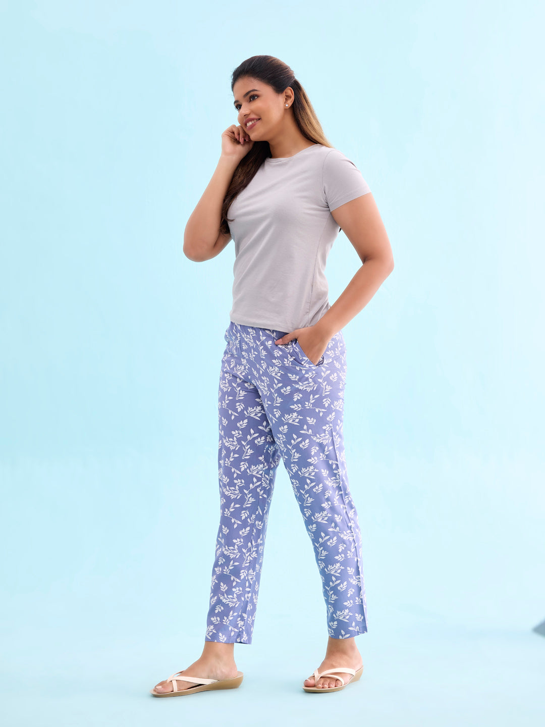 Blue Woven Viscose Printed Lounge Pants