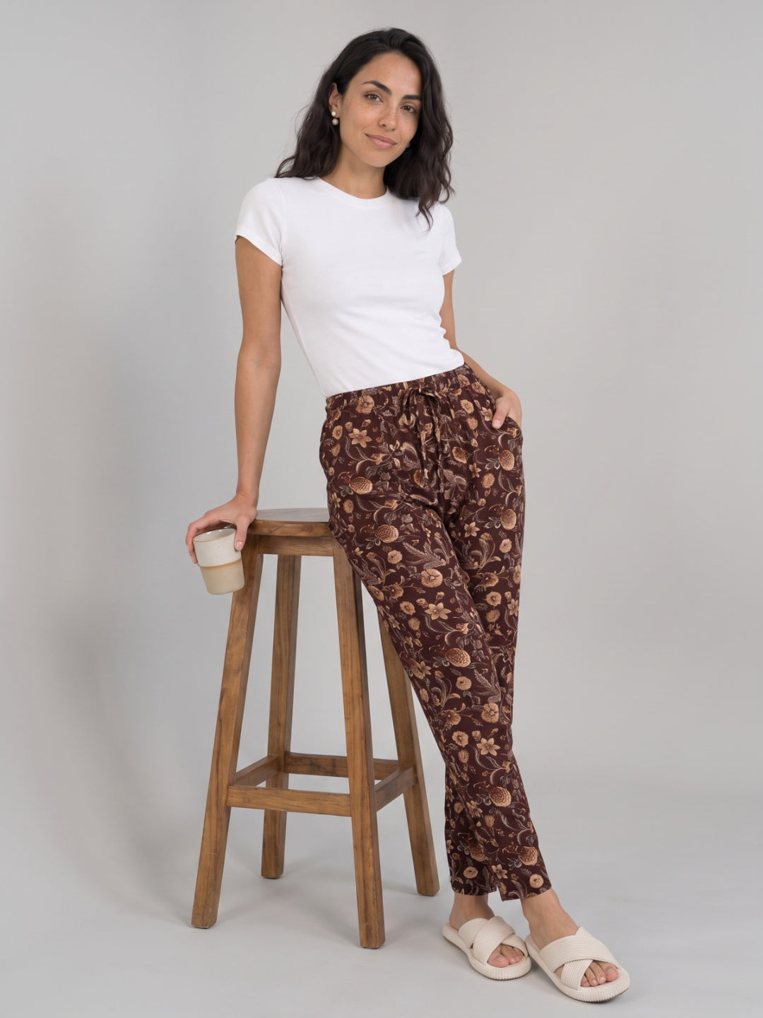 Beige Woven Viscose Printed Lounge Pants
