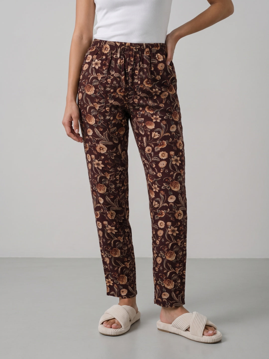 Beige Woven Viscose Printed Lounge Pants