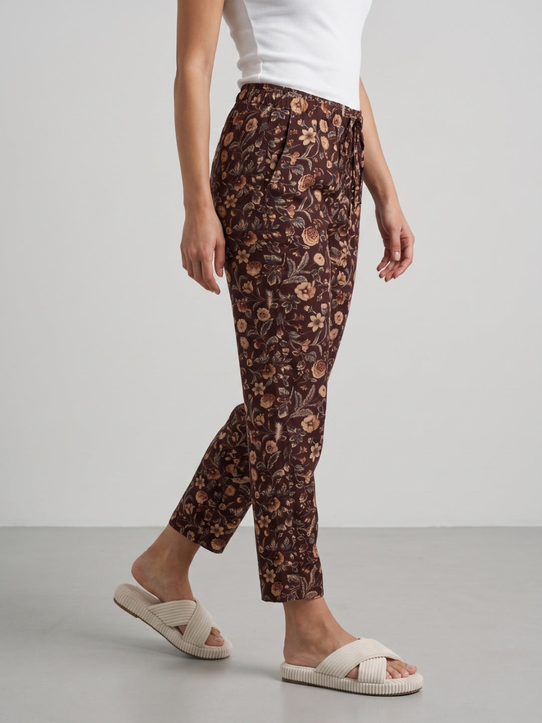 Beige Woven Viscose Printed Lounge Pants