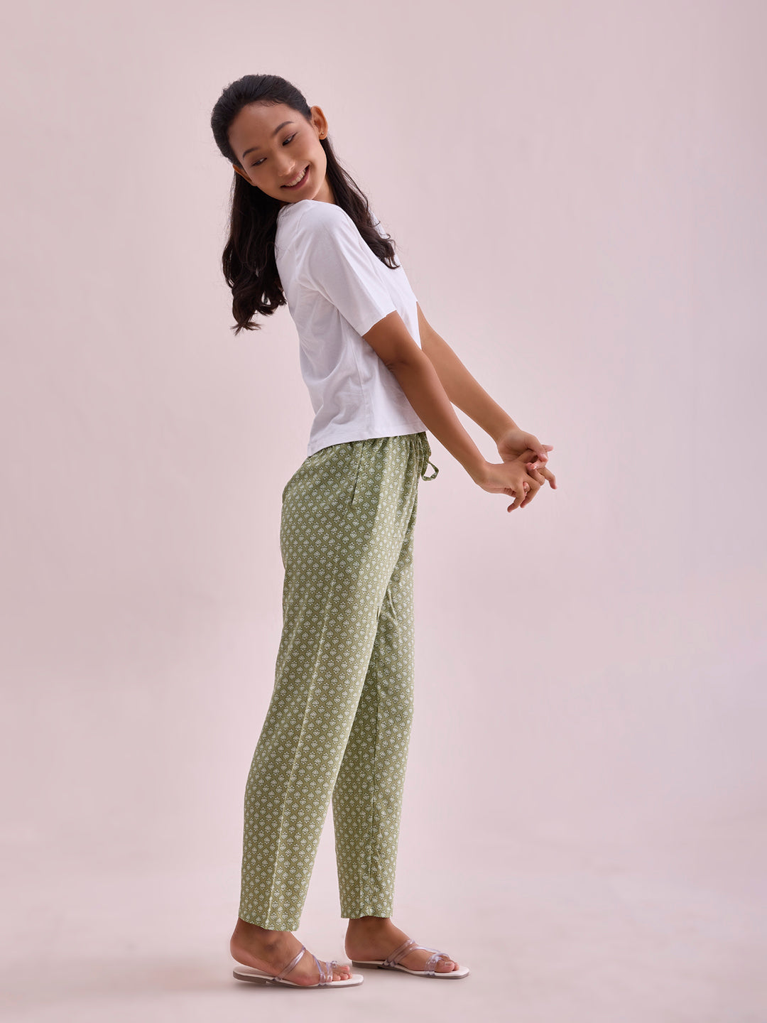 Light Green Woven Viscose Printed Lounge Pants