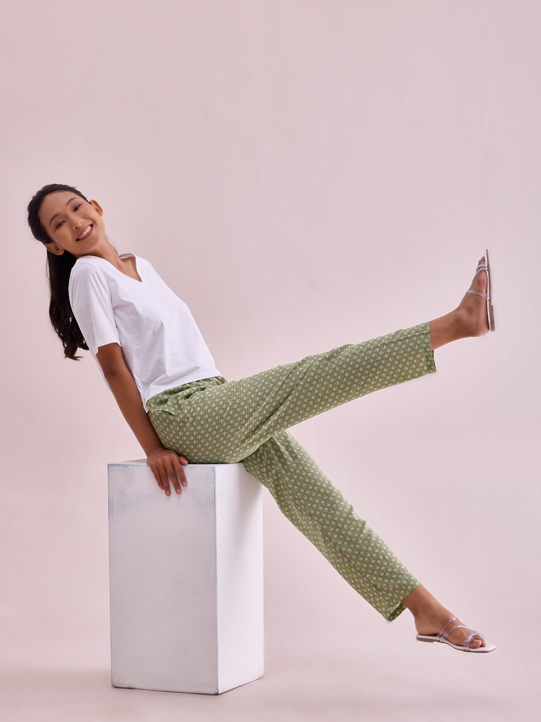 Light Green Woven Viscose Printed Lounge Pants