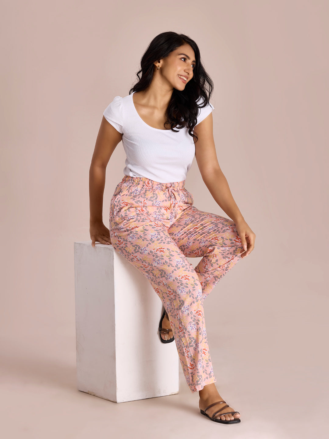 Light Pink Woven Viscose Printed Lounge Pants