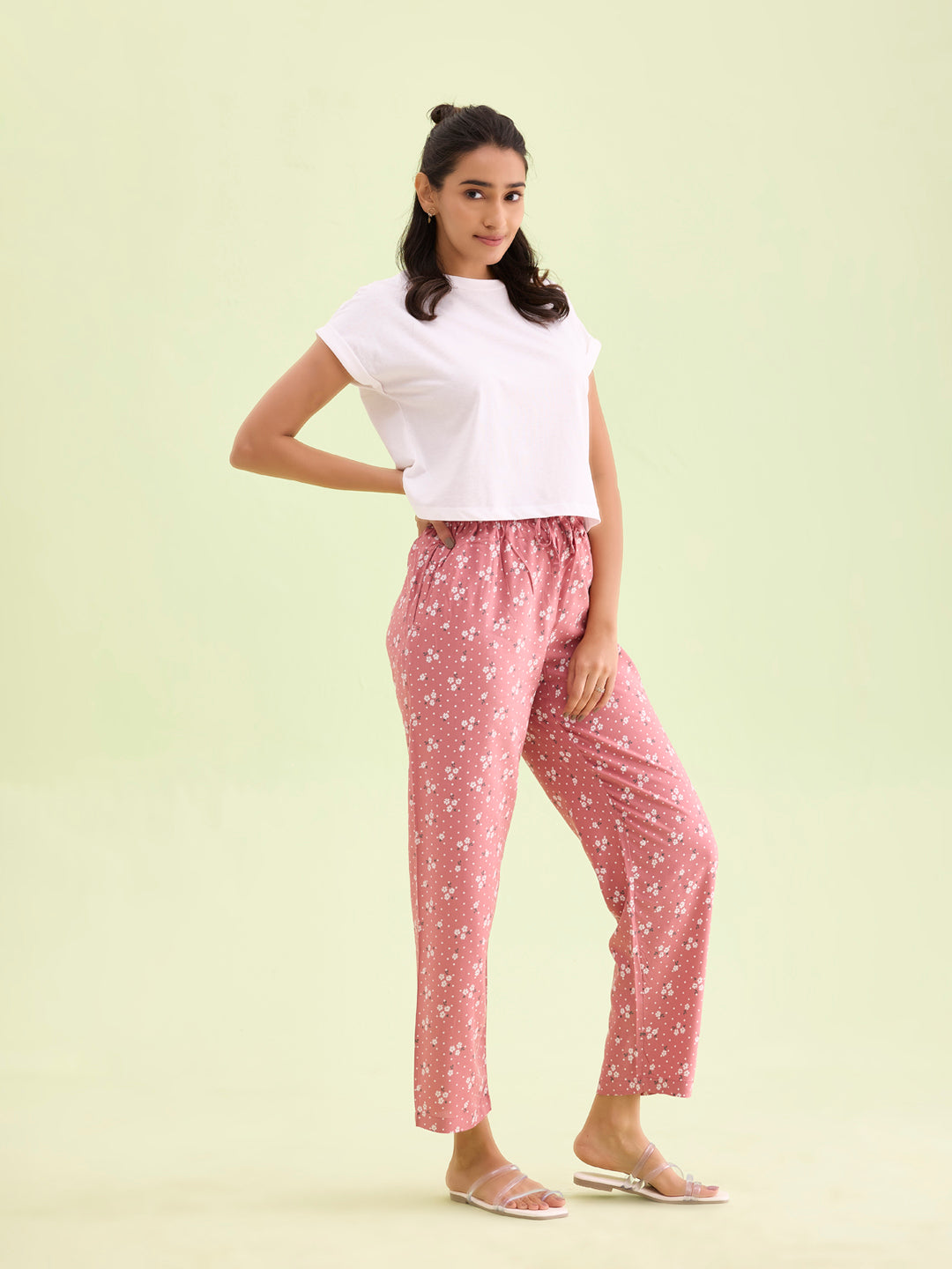 Medium Pink Woven Viscose Printed Lounge Pants