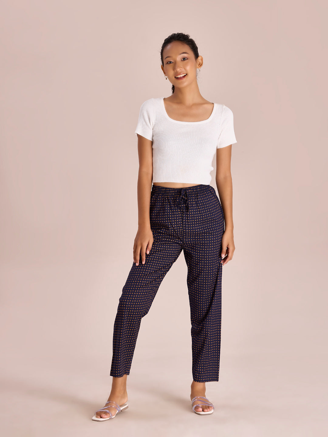 Navy Woven Viscose Printed Lounge Pants