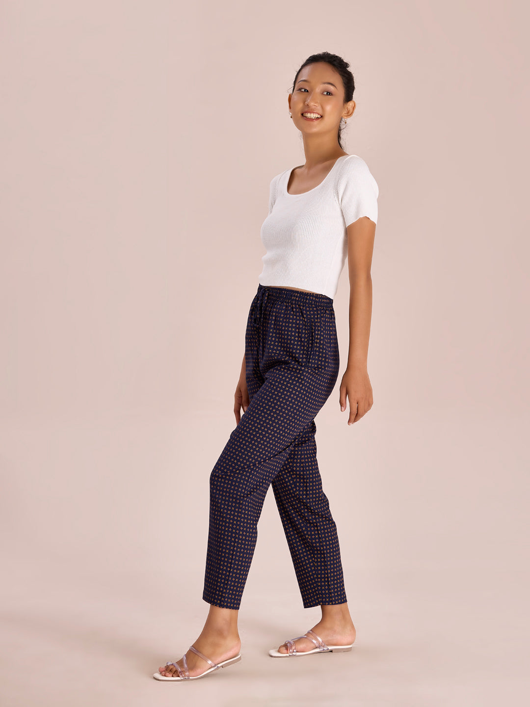 Navy Woven Viscose Printed Lounge Pants