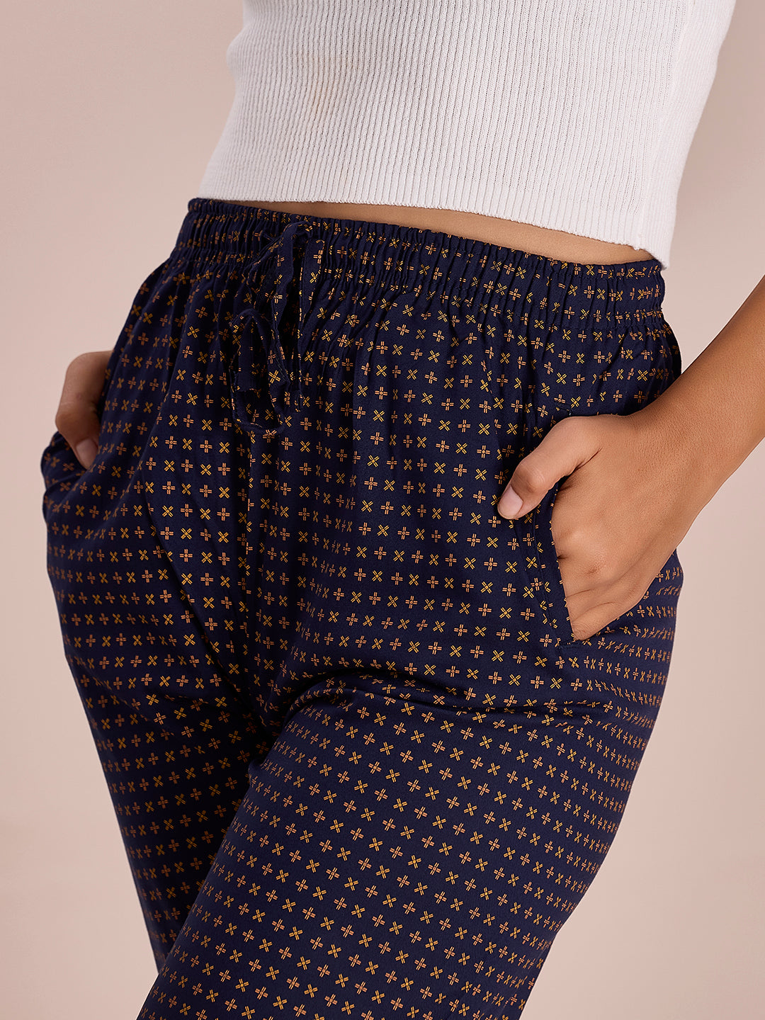 Navy Woven Viscose Printed Lounge Pants