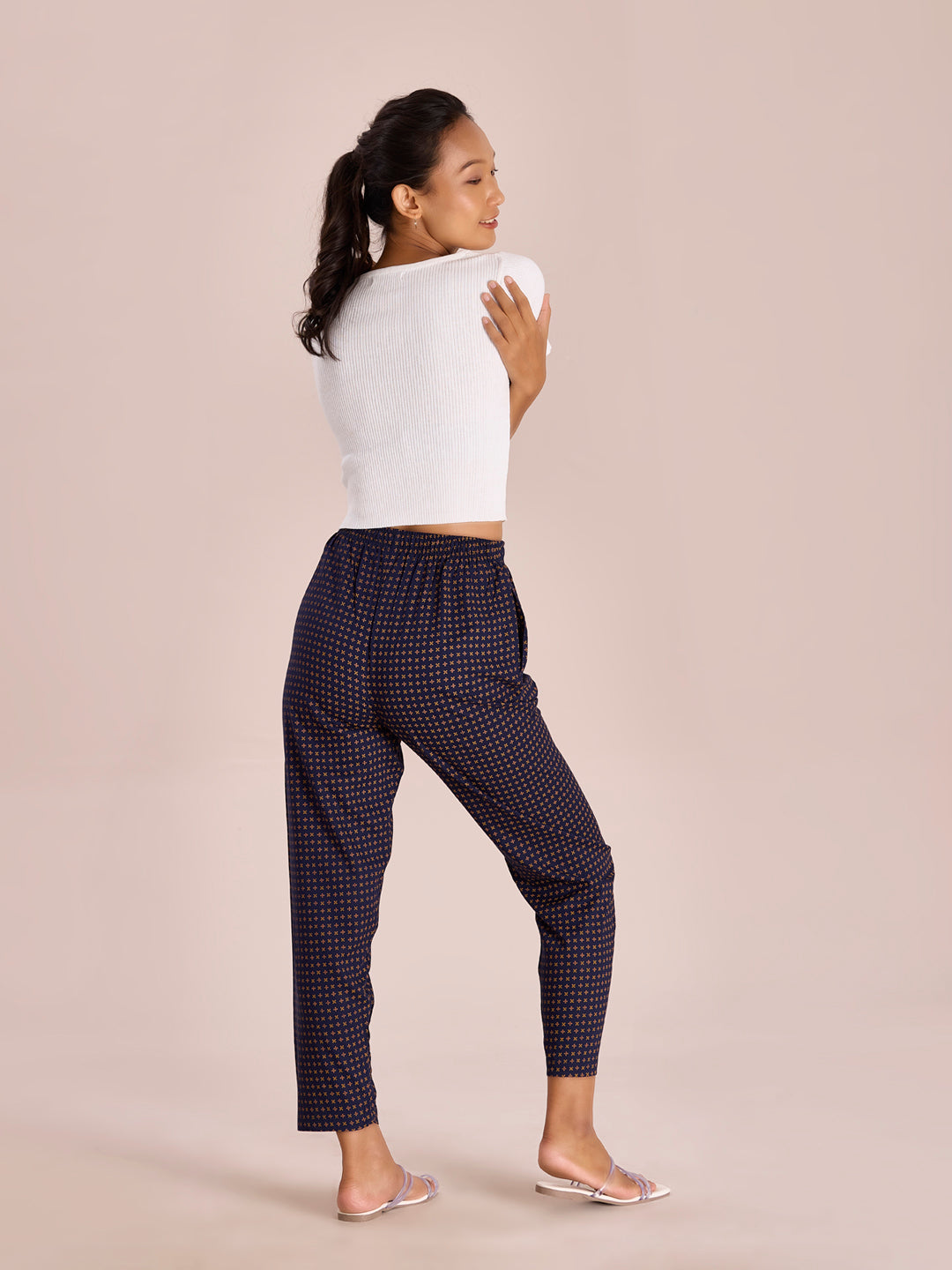 Navy Woven Viscose Printed Lounge Pants