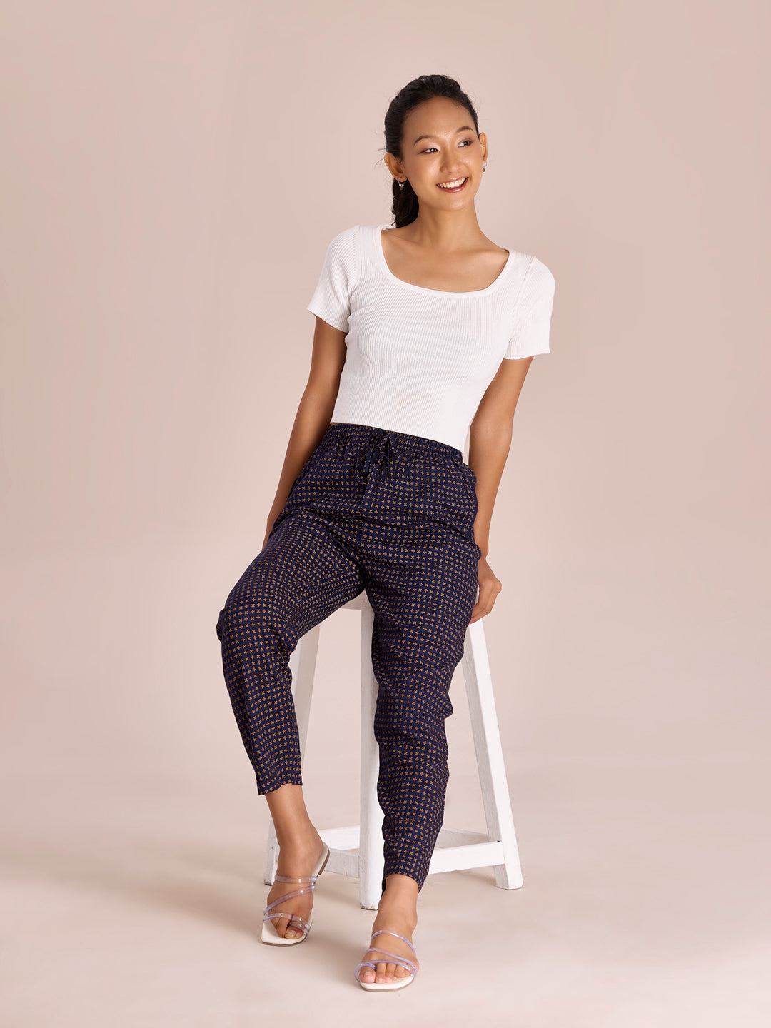 Navy Woven Viscose Printed Lounge Pants